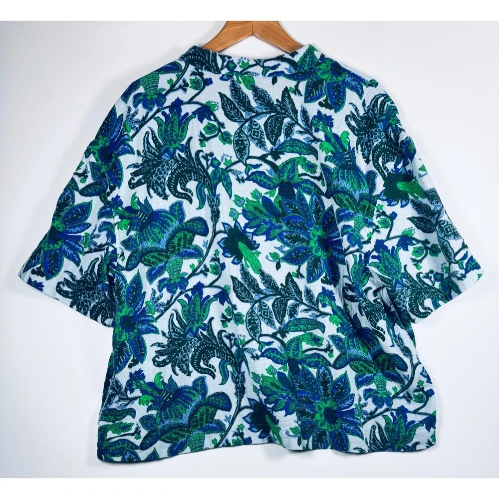 Talbots Aqua Club Cover Up Top XL Blue Green Floral Cotton Popover Swim Resort